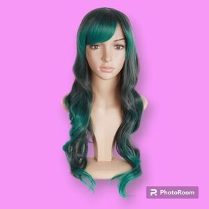 Brown & Green Long Wavy Synthetic Wig